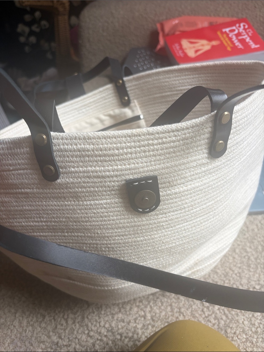 Jute  Bag with Black Trim - Unbranded Cream Shoulder Tote